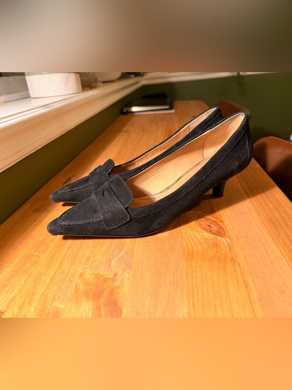 Coach Black Suede Pointed Toe Kitten Heel Loafers
